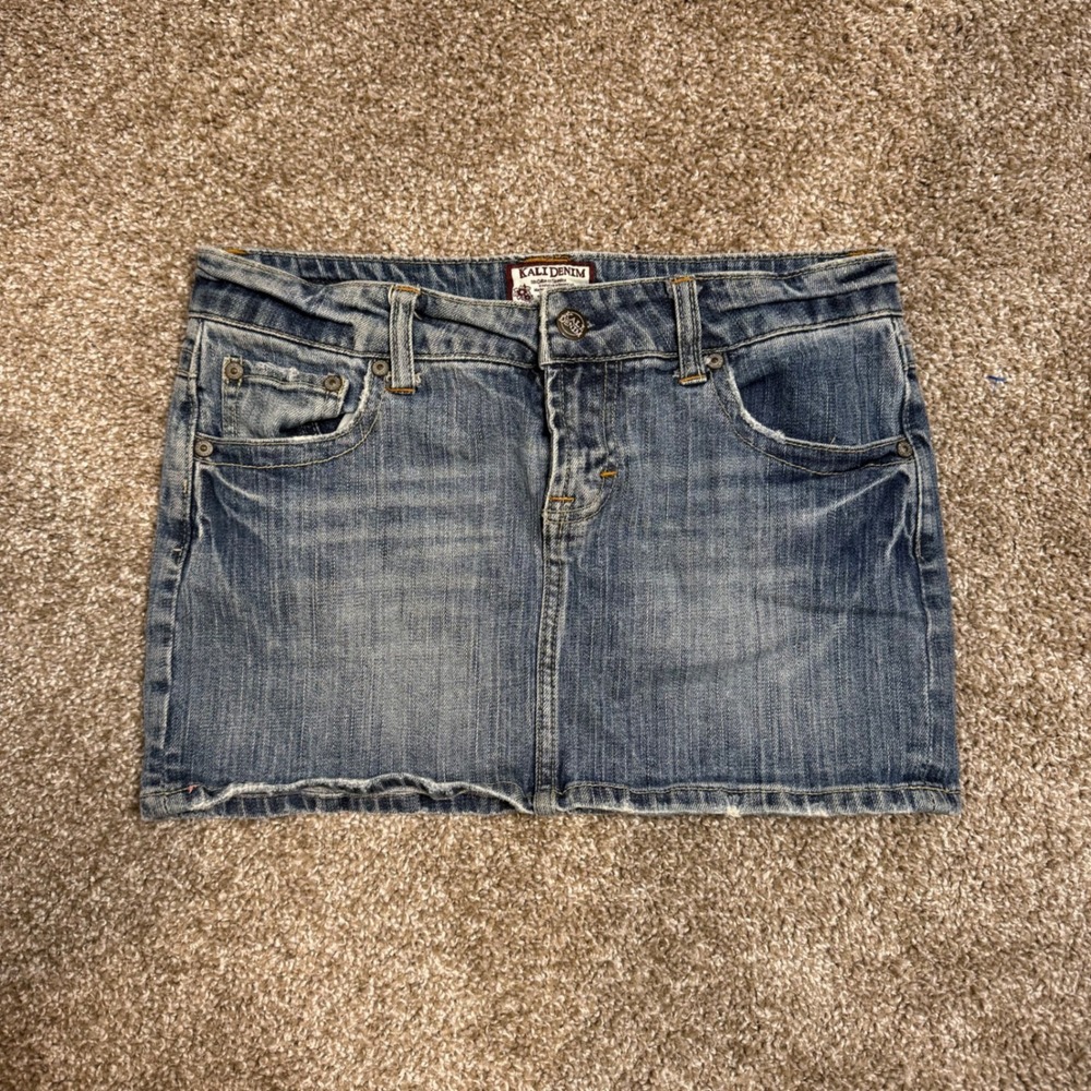 Kali Denim Womens Blue Jean Mini Skirt Size 3 Embroidered Pockets Y2K Distressed